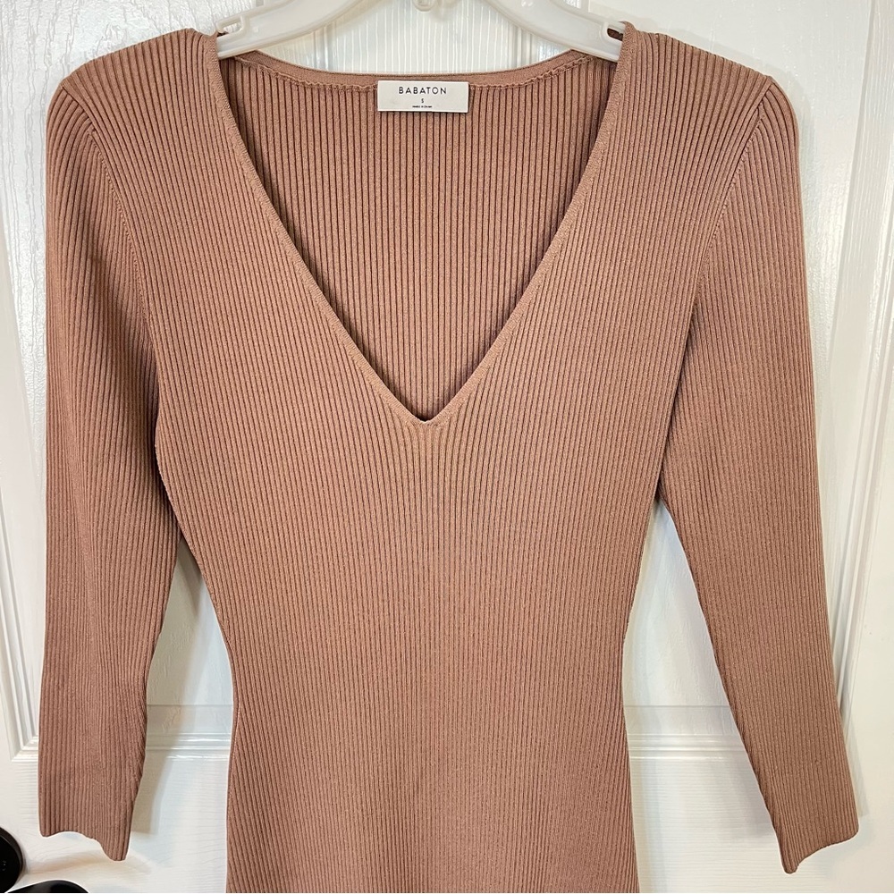 Babaton Ribbed Ponte Knit Contour Dress Brown V-Neck Midi Sexy Women's Small - Picture 4 of 11